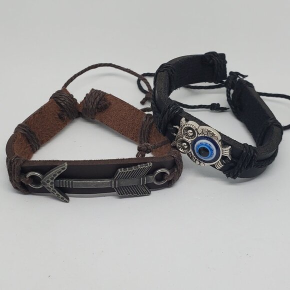 2 Pieces Faux Leather Bracelets Set - Unisex, Versatile Wear - Arrow and Owl - Picture 1 of 2